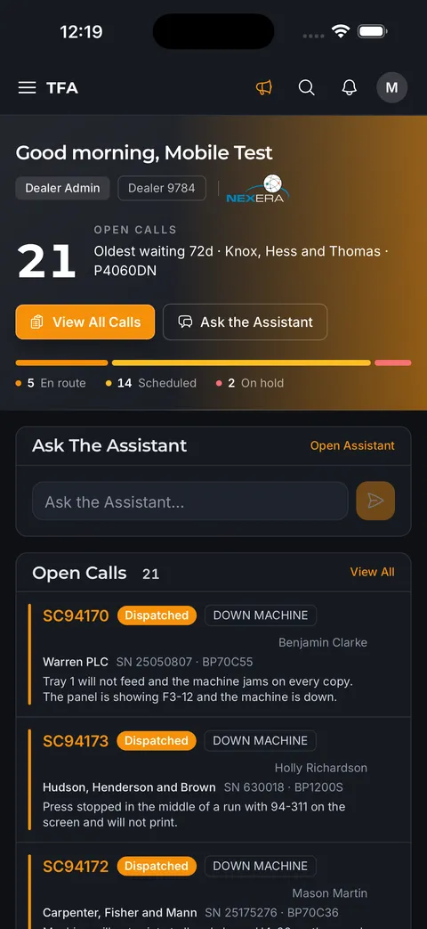 The TFA phone app showing a technician's open service calls.