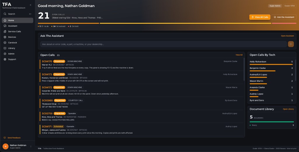 The TFA home screen: open calls with their machine, customer, and reported fault, a box for asking the assistant, and open calls broken down by technician.